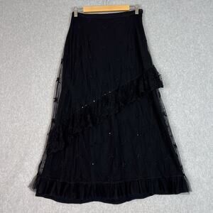 VTG 90s April Cornell Black Lace Ruffle Midi Skirt Size Medium